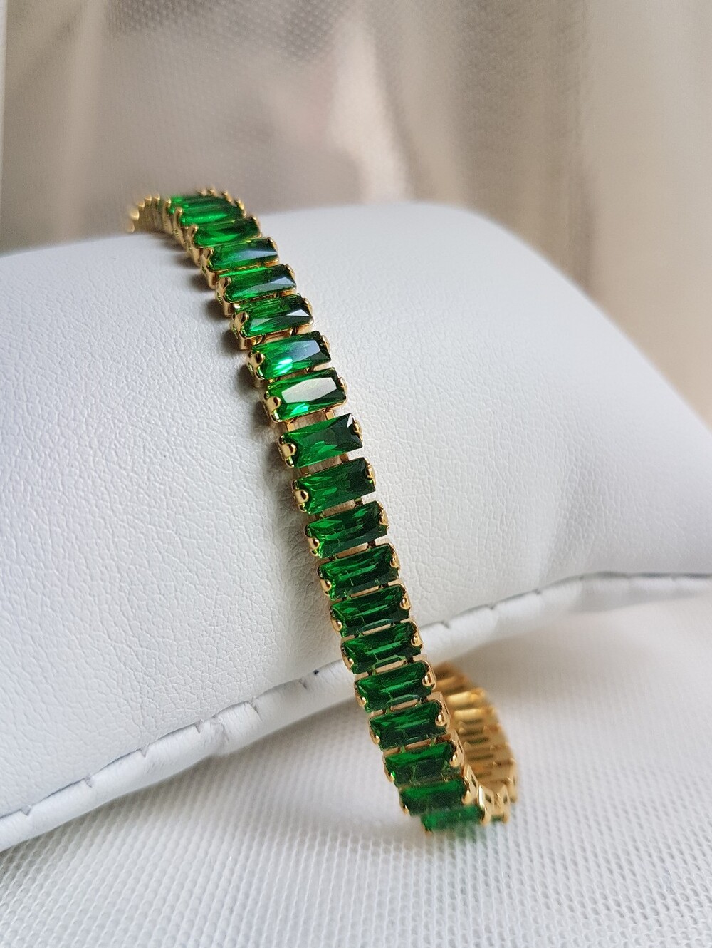 Swarovski Elements Gold Emerald Green Emerald-cut Baguette Tennis Bracelet NEW